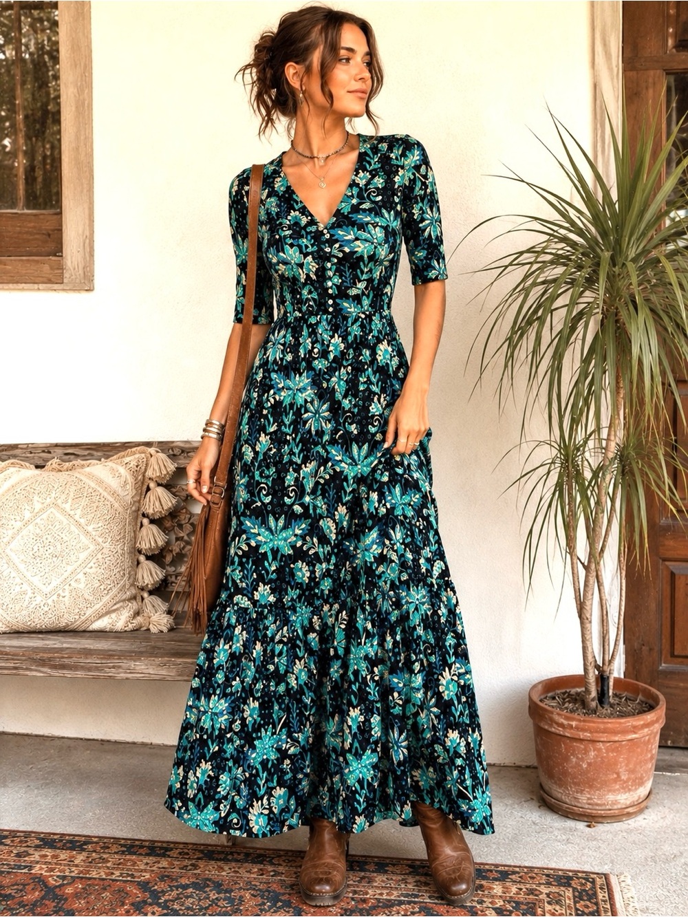 Westport 1962 Petite S Black Teal Floral Maxi Dress 90s Boho Tiered Cottagecore